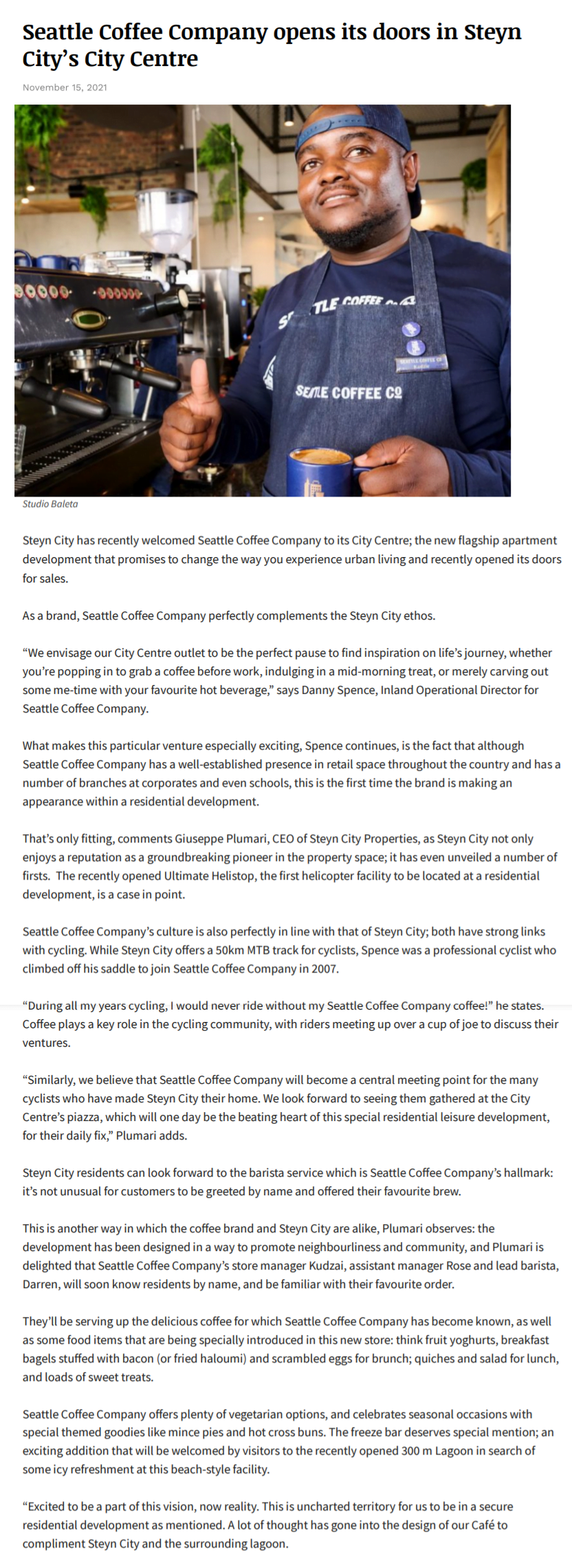 Seattle Coffee Company opens its doors in Steyn City’s City Centre